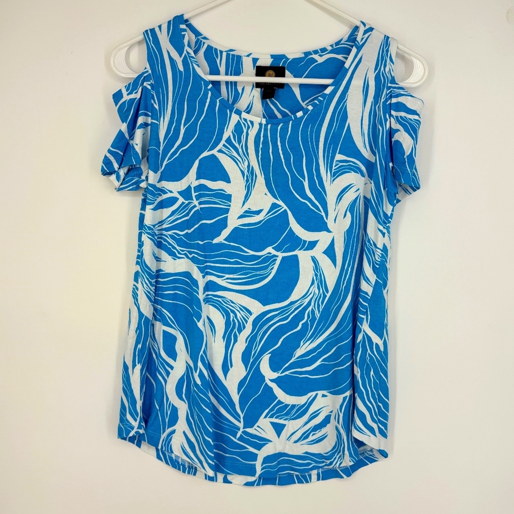 JM Collection Womens Petite P T-Shirt Ocean Turquoise White Cold Shoulder